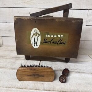1950s Vintage MCM Wooden Esquire Shoe Care Chest with Brushes